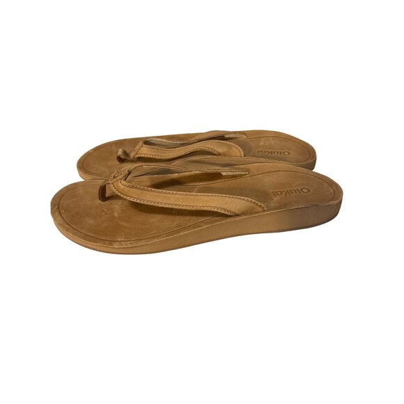 Olukai Leather Womens Sandals Size 9 Tan Flip Flops With Textured Outsole - Picture 1 of 6